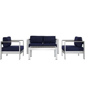 Shore 4 Piece Outdoor Patio Aluminum Sectional Sofa Set in Silver Navy by Modway