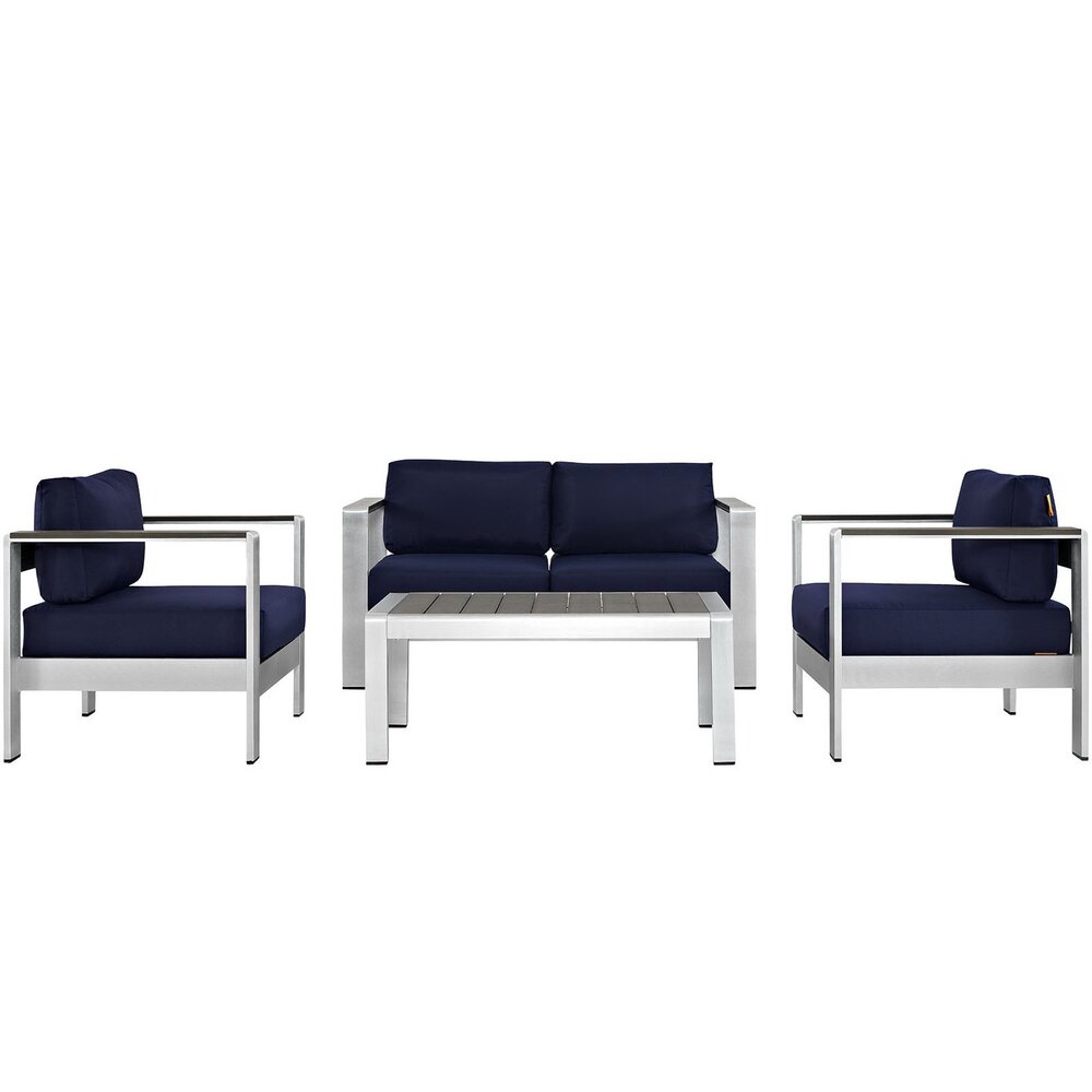 Shore 4 Piece Outdoor Patio Aluminum Sectional Sofa Set in Silver Navy by Modway
