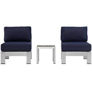 Shore 3 Piece Outdoor Patio Aluminum Sectional Sofa Set in Silver Navy by Modway