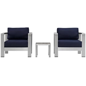 Shore 3 Piece Outdoor Patio Aluminum Set in Silver Navy by Modway