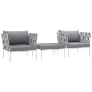 Harmony 3 Piece Outdoor Patio Aluminum Sectional Sofa Set in White Gray by Modway