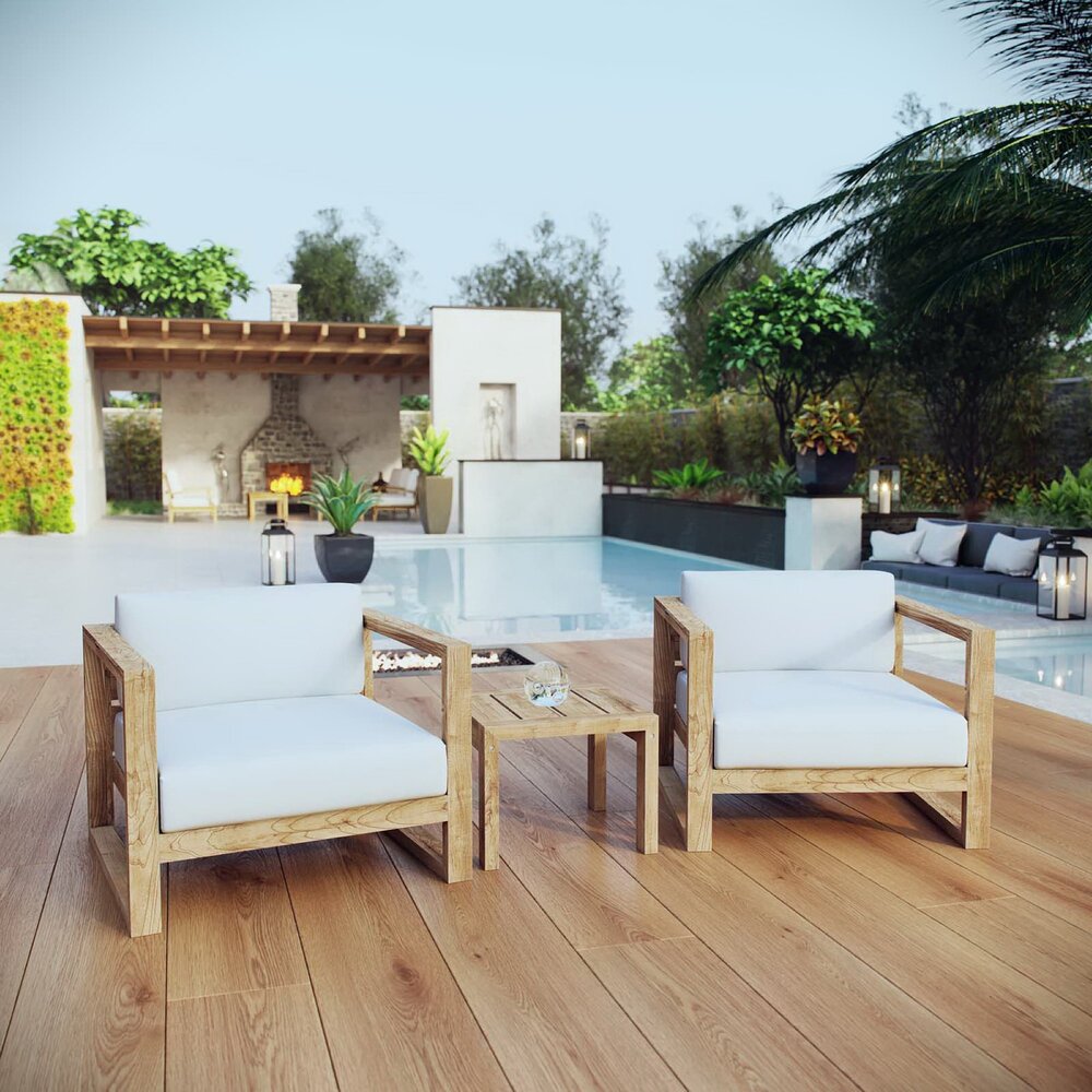 Upland 3 Piece Outdoor Patio Teak Set in Natural White by Modway - Image 7