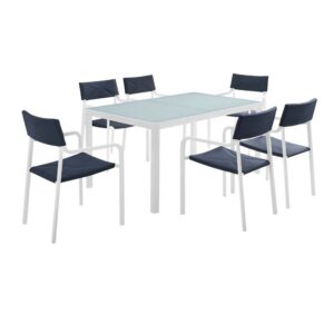 Raleigh 7 Piece Outdoor Patio Aluminum Dining Set in White Navy by Modway