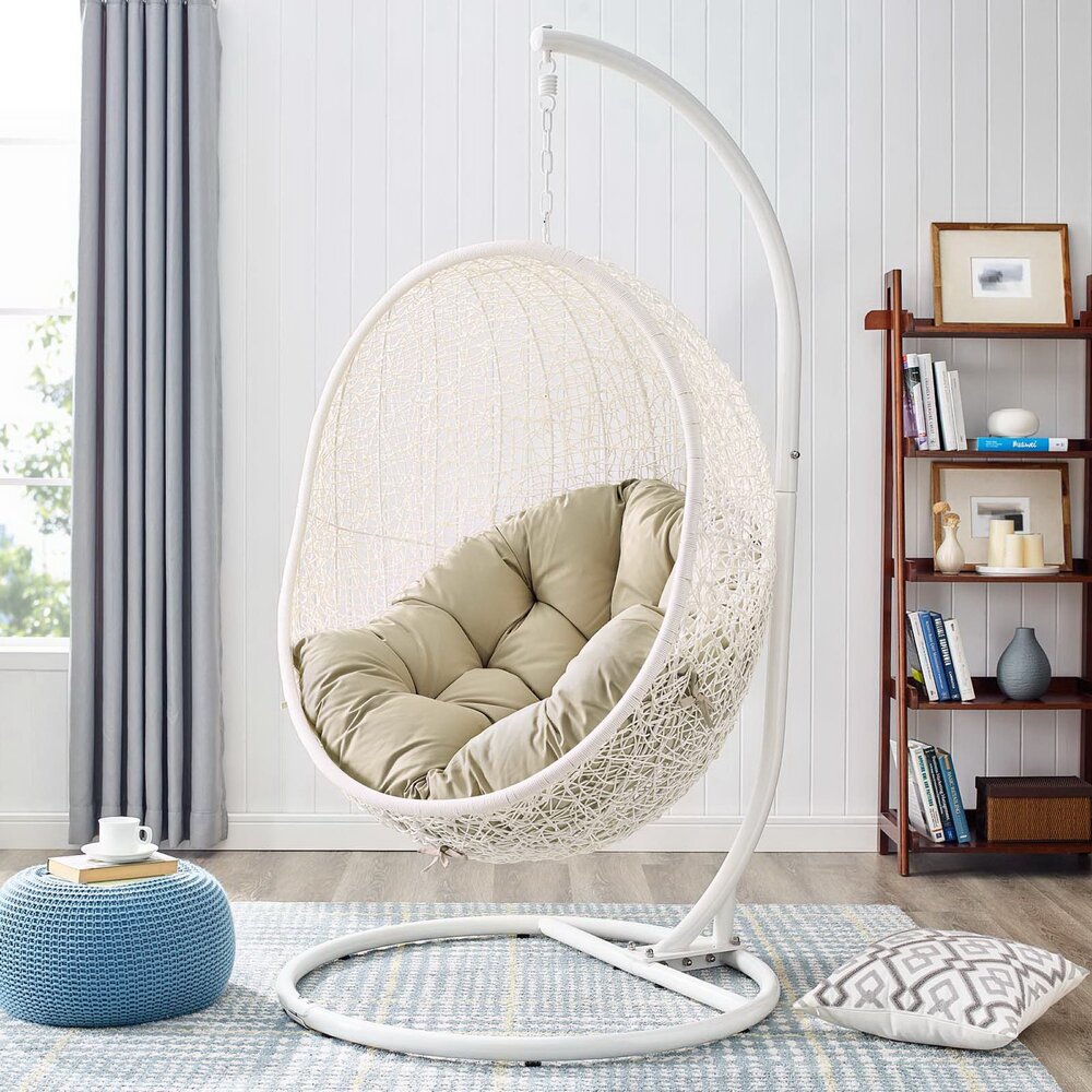 Hide Outdoor Patio Sunbrella® Swing Chair With Stand in White Beige by Modway - Image 5