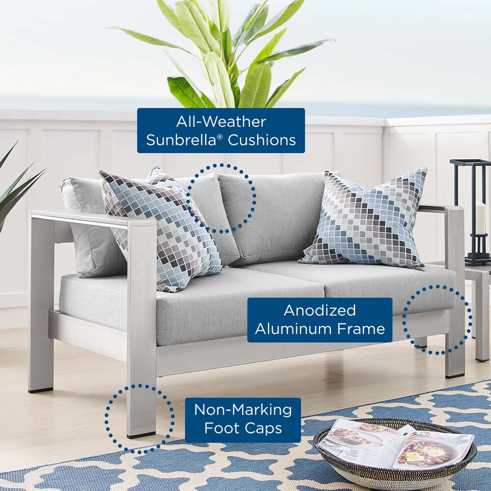 Shore Sunbrella® Fabric Aluminum Outdoor Patio Loveseat in Silver Gray by Modway - Image 2