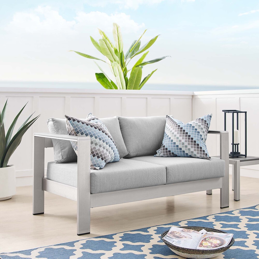 Shore Sunbrella® Fabric Aluminum Outdoor Patio Loveseat in Silver Gray by Modway - Image 7