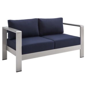 Shore Sunbrella® Fabric Aluminum Outdoor Patio Loveseat in Silver Navy by Modway
