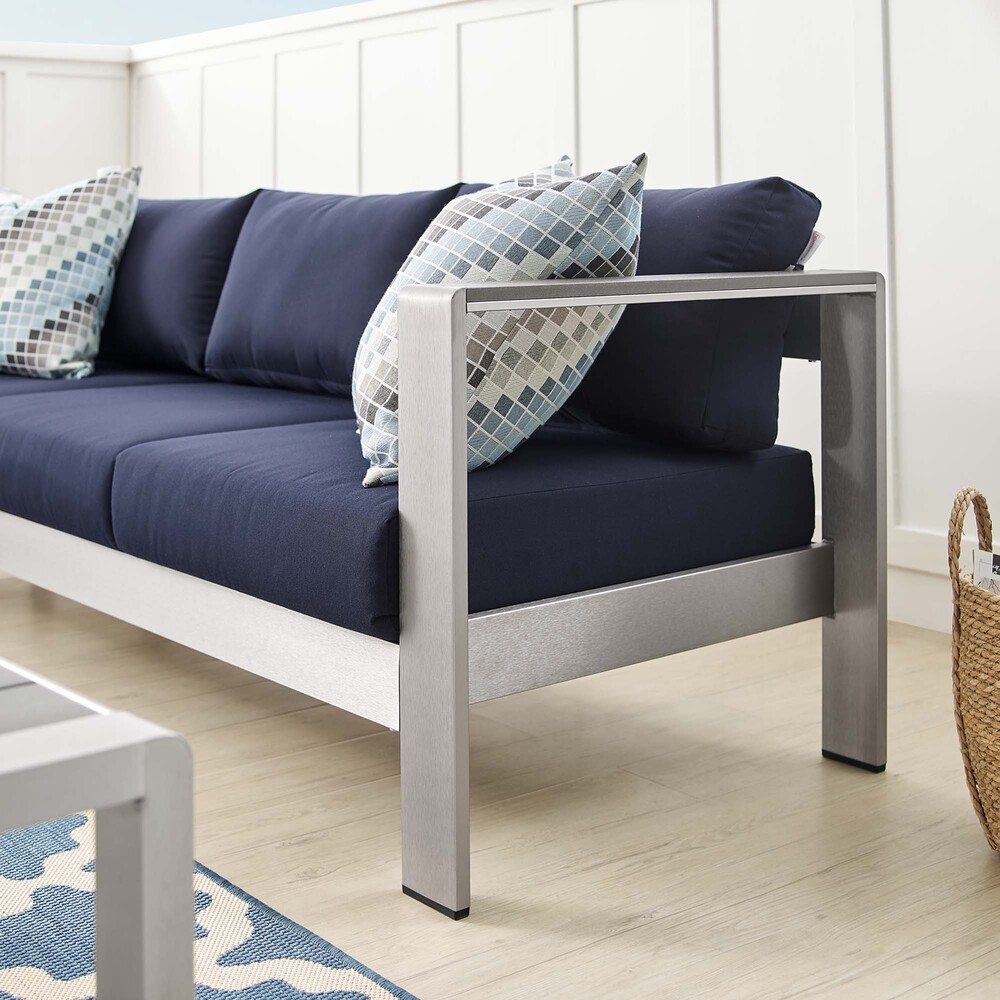 Shore Sunbrella® Fabric Aluminum Outdoor Patio Sofa in Silver Navy by Modway - Image 8