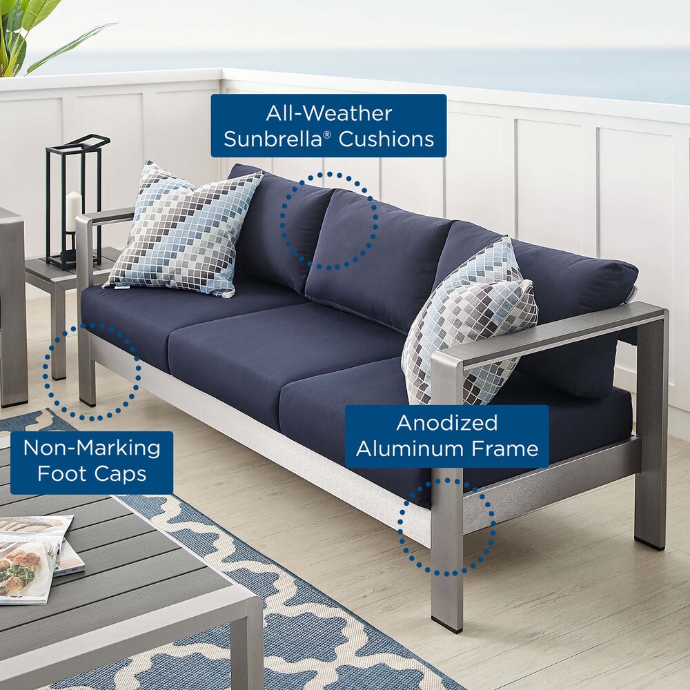 Shore Sunbrella® Fabric Aluminum Outdoor Patio Sofa in Silver Navy by Modway - Image 7