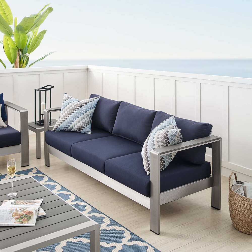 Shore Sunbrella® Fabric Aluminum Outdoor Patio Sofa in Silver Navy by Modway - Image 6