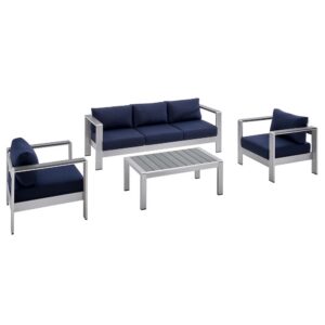 Shore 4 Piece Sunbrella® Fabric Outdoor Patio Aluminum Set in Silver Navy by Modway