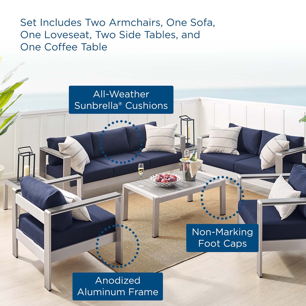 Shore 7 Piece Sunbrella® Fabric Outdoor Patio Aluminum Set in Silver Navy by Modway - Image 16