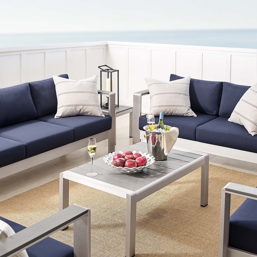 Shore 7 Piece Sunbrella® Fabric Outdoor Patio Aluminum Set in Silver Navy by Modway - Image 17