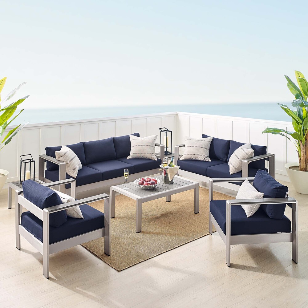 Shore 7 Piece Sunbrella® Fabric Outdoor Patio Aluminum Set in Silver Navy by Modway - Image 15