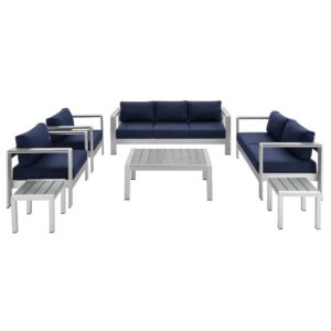 Shore 7 Piece Sunbrella® Fabric Outdoor Patio Aluminum Set in Silver Navy by Modway