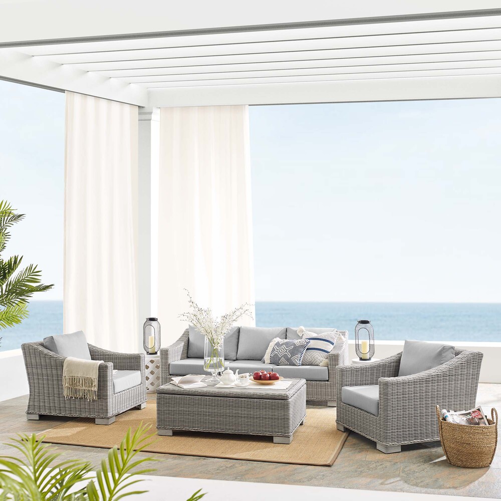 Conway 4-Piece Sunbrella® Outdoor Patio Wicker Rattan Furniture Set in Light Gray Gray by Modway - Image 9