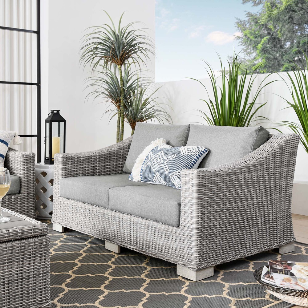 Conway Outdoor Patio Wicker Rattan Loveseat in Light Gray Gray by Modway - Image 6
