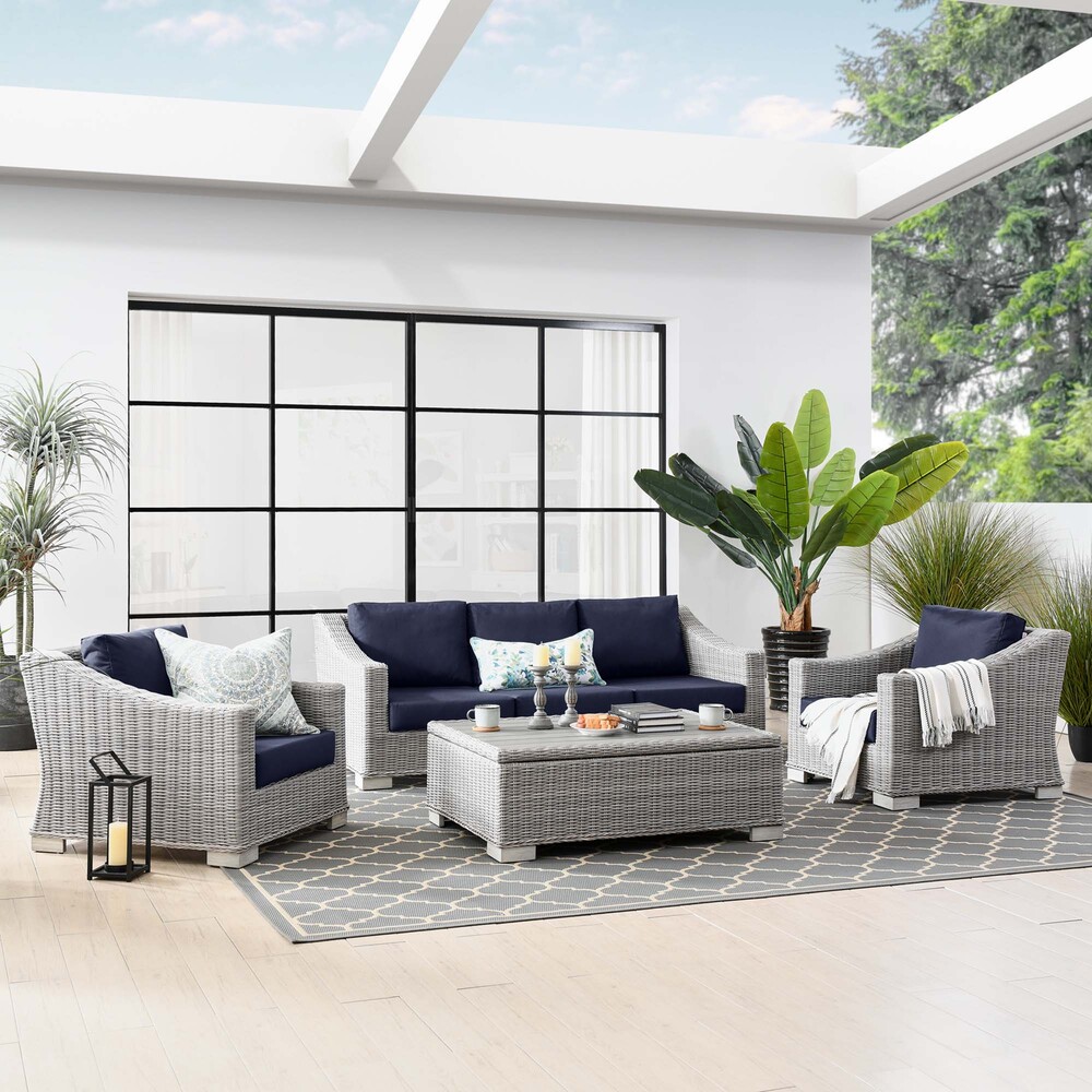 Conway 4-Piece Outdoor Patio Wicker Rattan Furniture Set in Light Gray Navy by Modway - Image 12