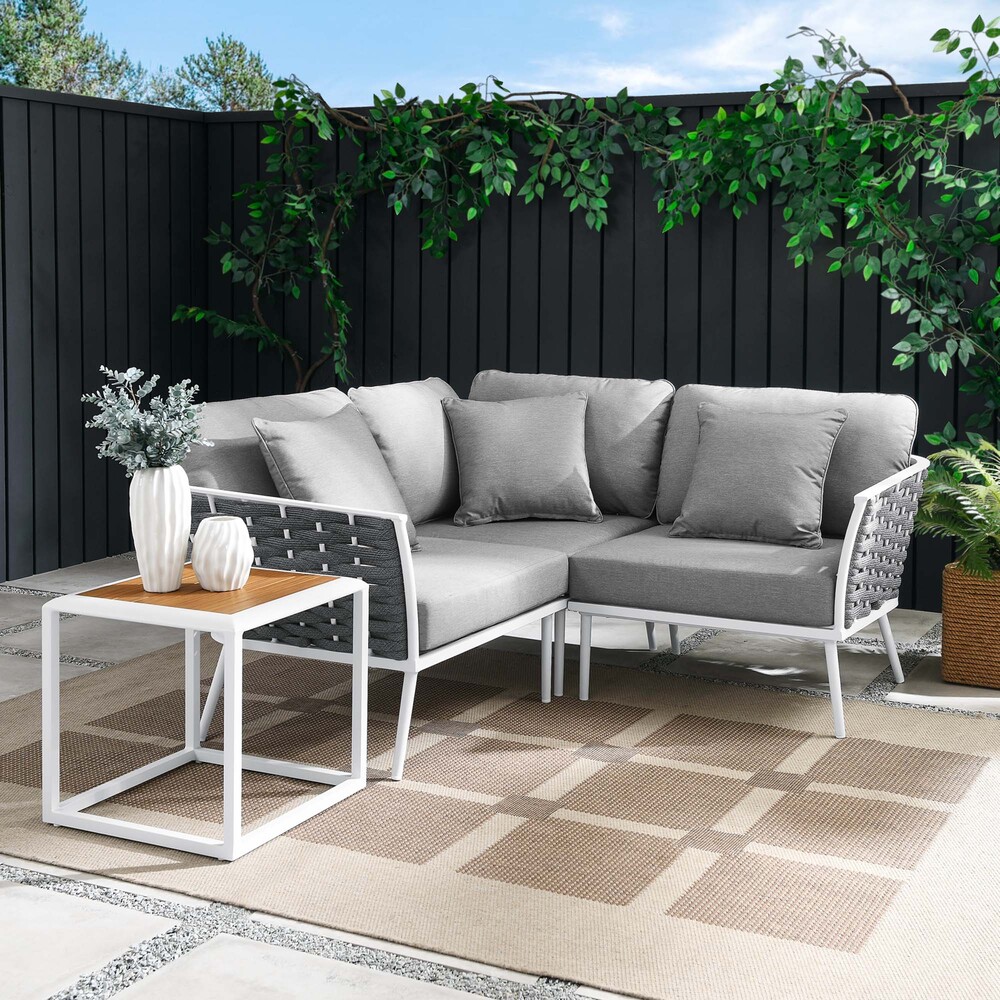 Stance 4 Piece Outdoor Patio Aluminum Sectional Sofa Set in White Gray by Modway - Image 15