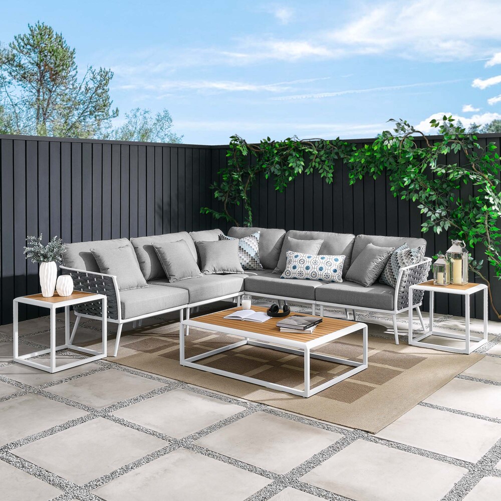 Stance 8 Piece Outdoor Patio Aluminum Sectional Sofa Set in White Gray by Modway - Image 16