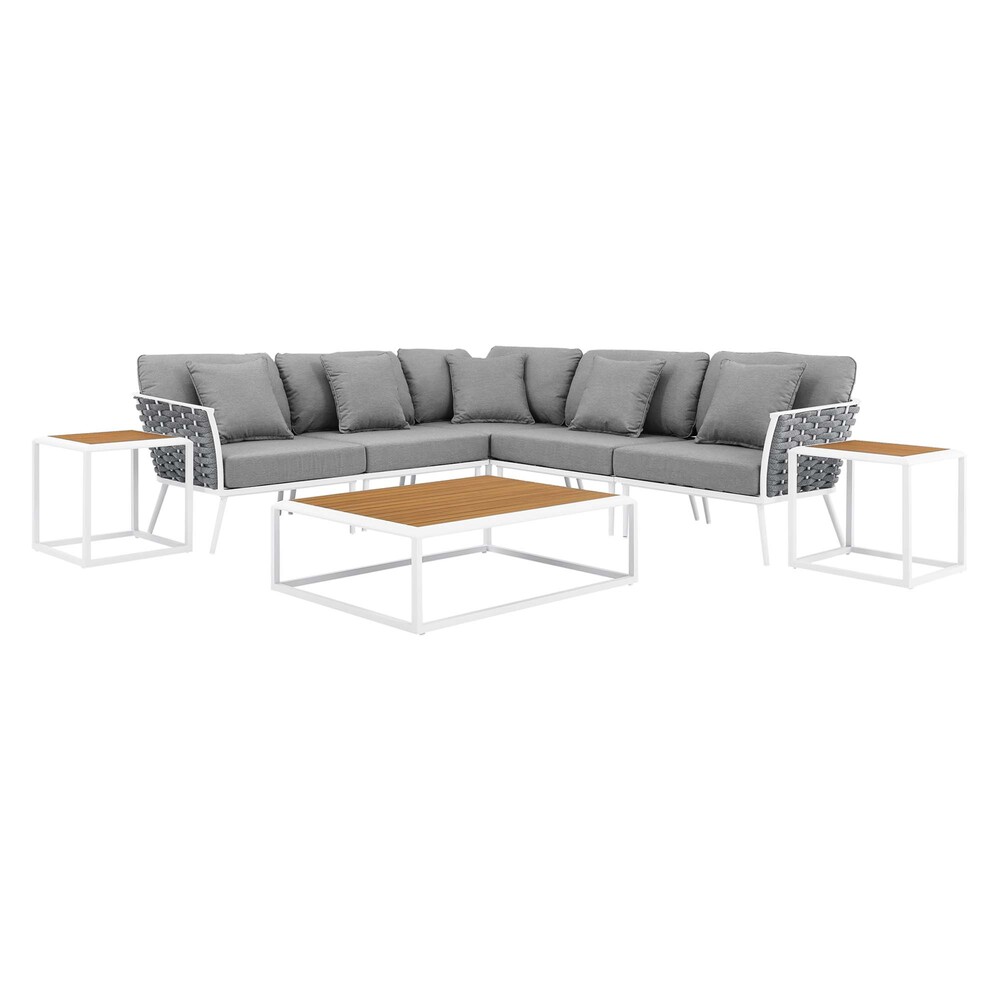 Stance 8 Piece Outdoor Patio Aluminum Sectional Sofa Set in White Gray by Modway