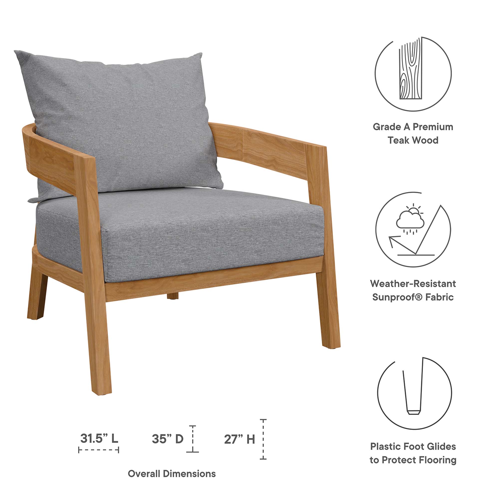 Brisbane 6-Piece Teak Wood Outdoor Patio Set by Modway - Image 3