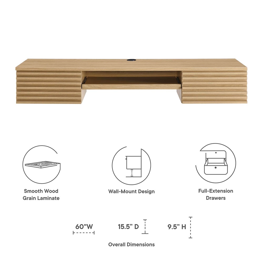 Render Wall Mount Wood Office Desk in Oak by Modway - Image 2