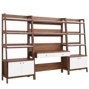 Bixby 3-Piece Wood Office Desk and Bookshelf by Modway in Walnut White by Modway