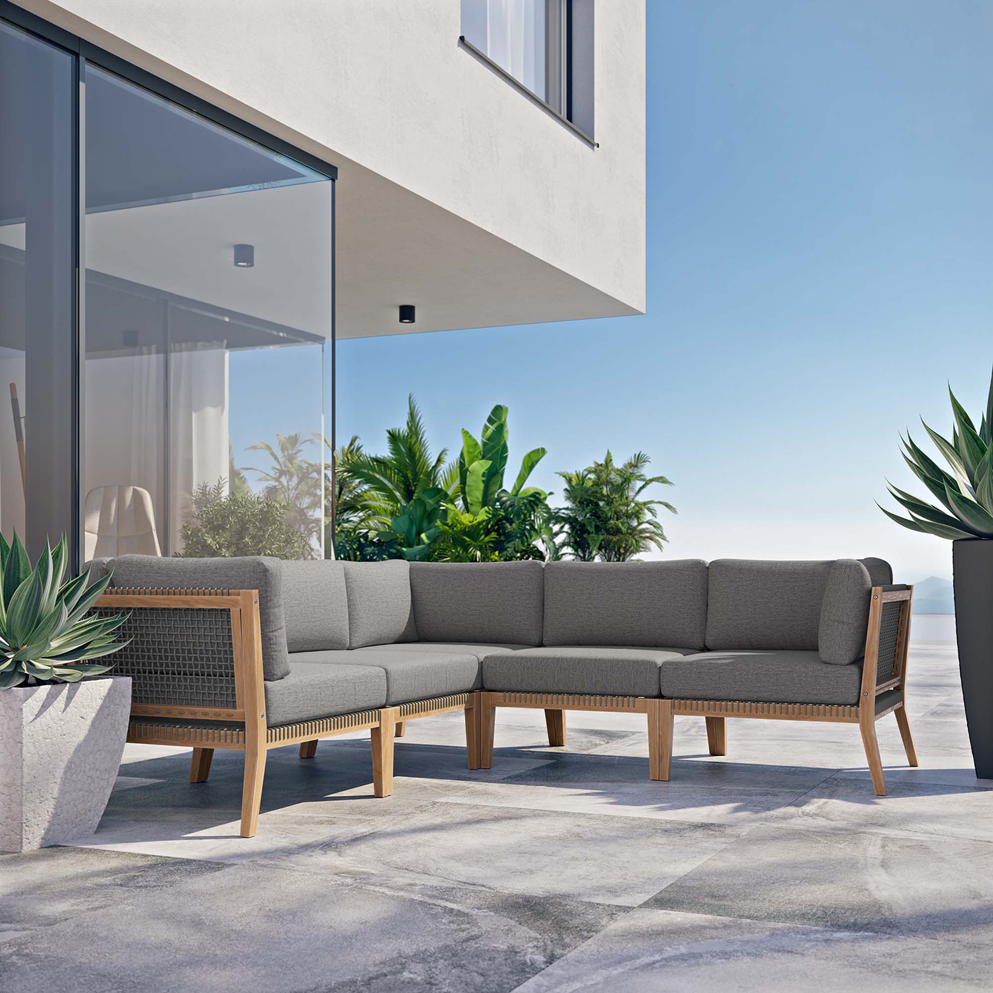 Clearwater 5-Piece Outdoor Patio Teak Wood Sectional Sofa by Modway - Image 10