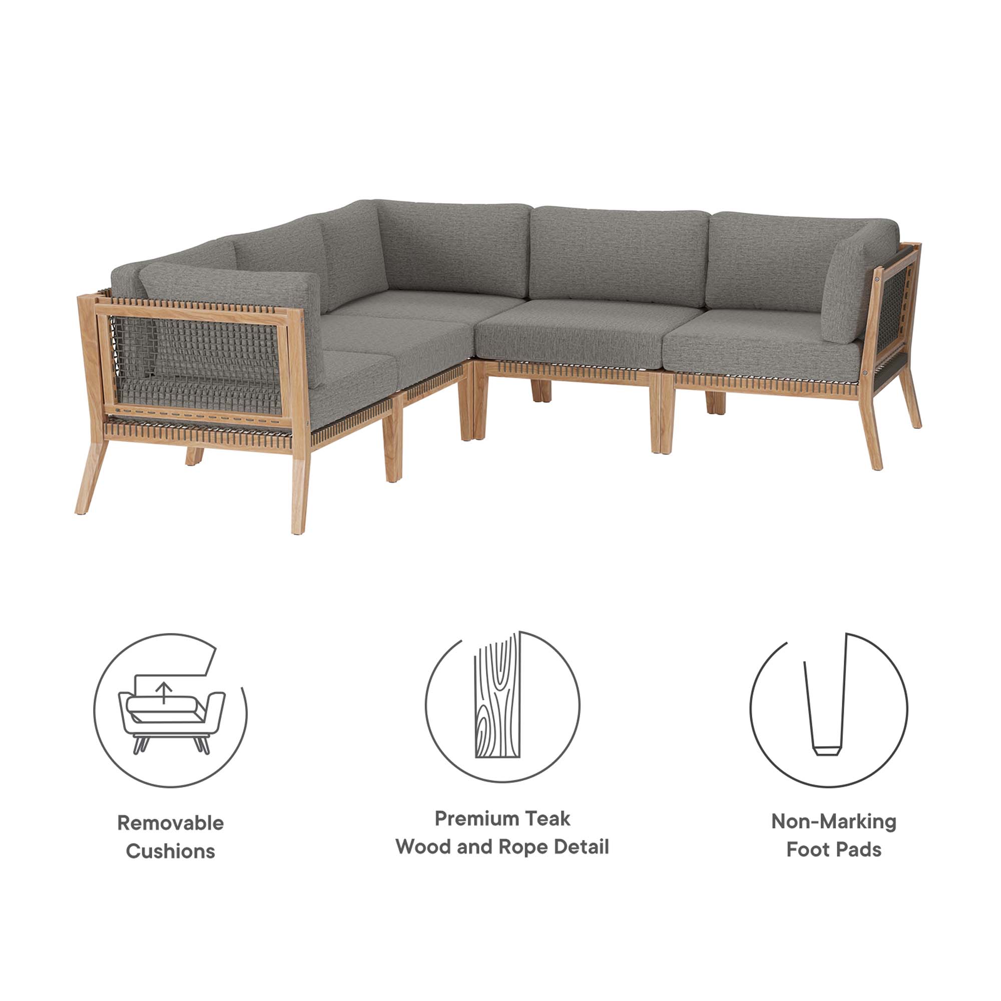 Clearwater 5-Piece Outdoor Patio Teak Wood Sectional Sofa by Modway - Image 2