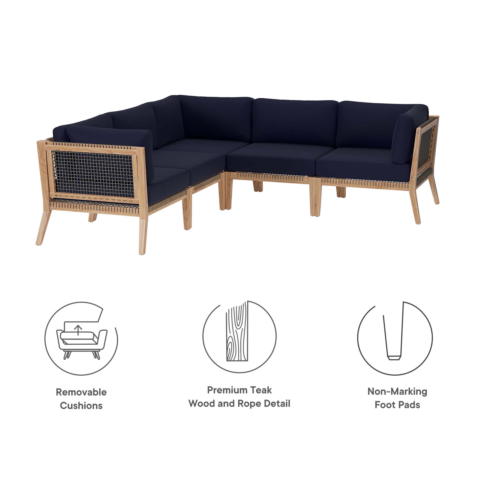 Clearwater 5-Piece Outdoor Patio Teak Wood Sectional Sofa by Modway - Image 2