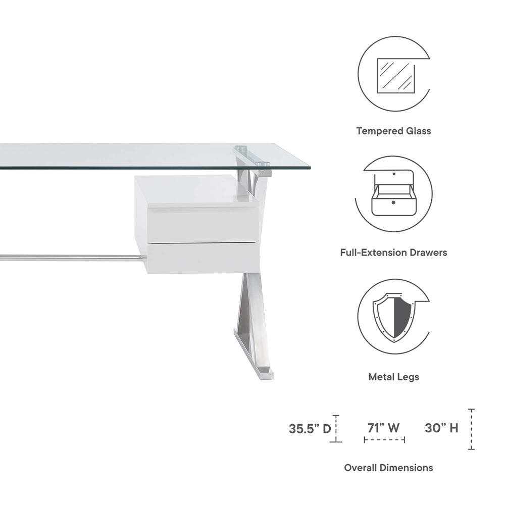 Sector 71" Glass Top Glass Office Desk by Modway in White by Modway - Image 2
