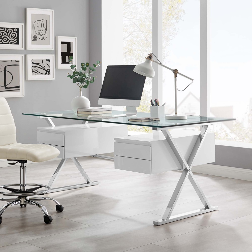 Sector 71" Glass Top Glass Office Desk by Modway in White by Modway - Image 8