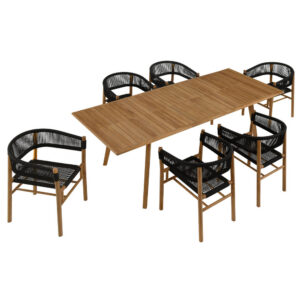 Vienna 7-Piece Outdoor Patio Teak and Rope Dining Set with Curved-Back Armchairs in Natural Black by Modway