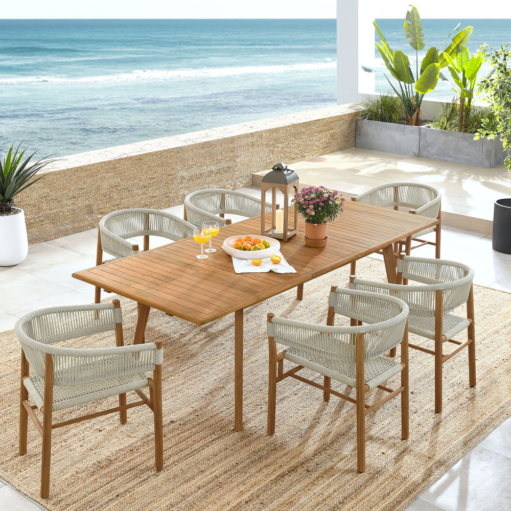 Vienna 7-Piece Outdoor Patio Teak and Rope Dining Set with Curved-Back Armchairs in Natural Natural by Modway - Image 11