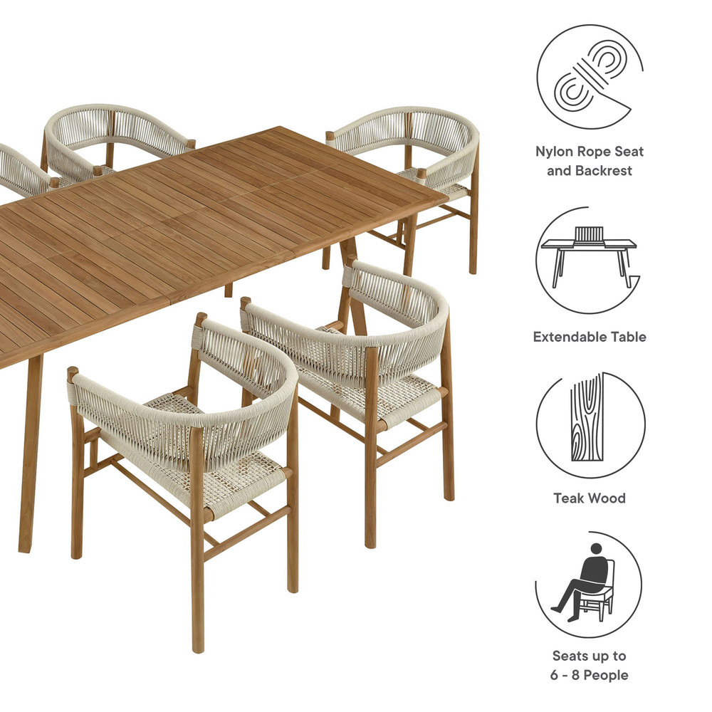 Vienna 7-Piece Outdoor Patio Teak and Rope Dining Set with Curved-Back Armchairs in Natural Natural by Modway - Image 4