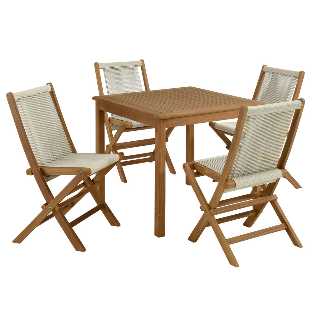 Vienna 5-Piece Outdoor Patio Teak Wood Dining Set with Rope Folding Chairs in Natural Natural by Modway