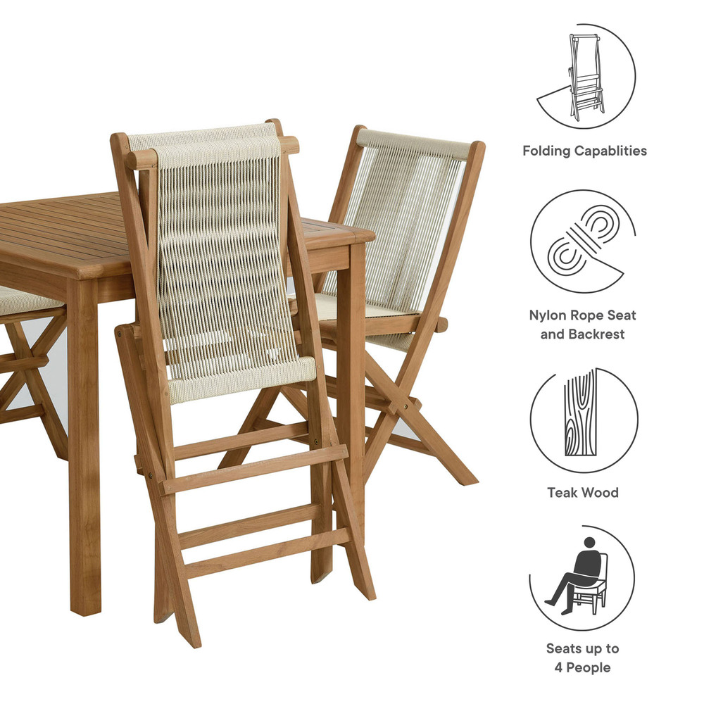 Vienna 5-Piece Outdoor Patio Teak Wood Dining Set with Rope Folding Chairs in Natural Natural by Modway - Image 4