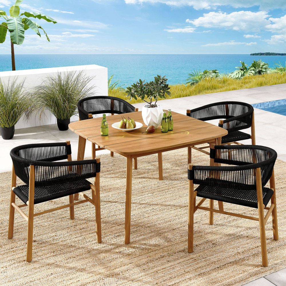 Vienna 5-Piece Outdoor Patio Teak and Rope Dining Set with Curved-Back Armchairs in Natural Black by Modway - Image 11