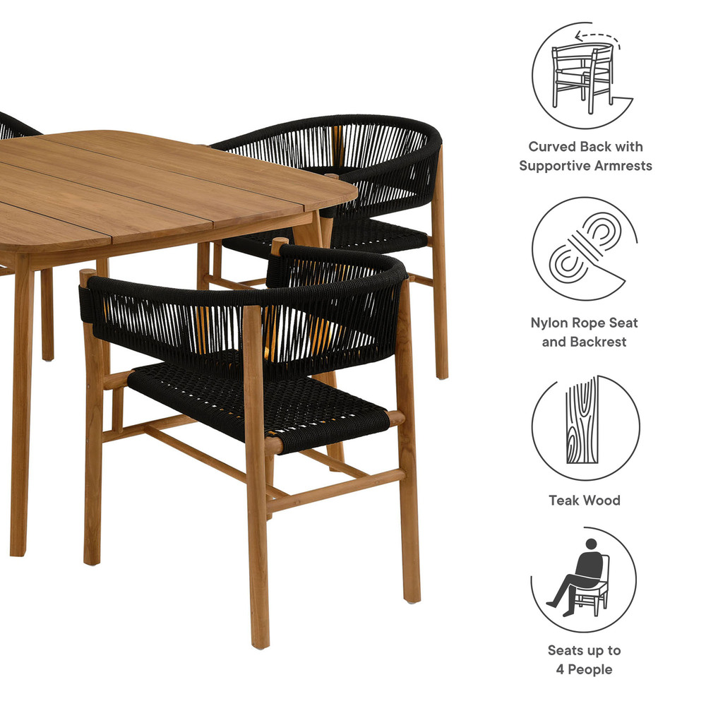 Vienna 5-Piece Outdoor Patio Teak and Rope Dining Set with Curved-Back Armchairs in Natural Black by Modway - Image 4