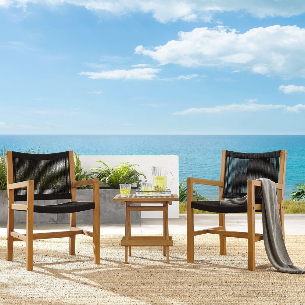 Vienna 3-Piece Outdoor Patio Teak and Rope Armchairs with Folding Side Table in Natural Black by Modway - Image 11