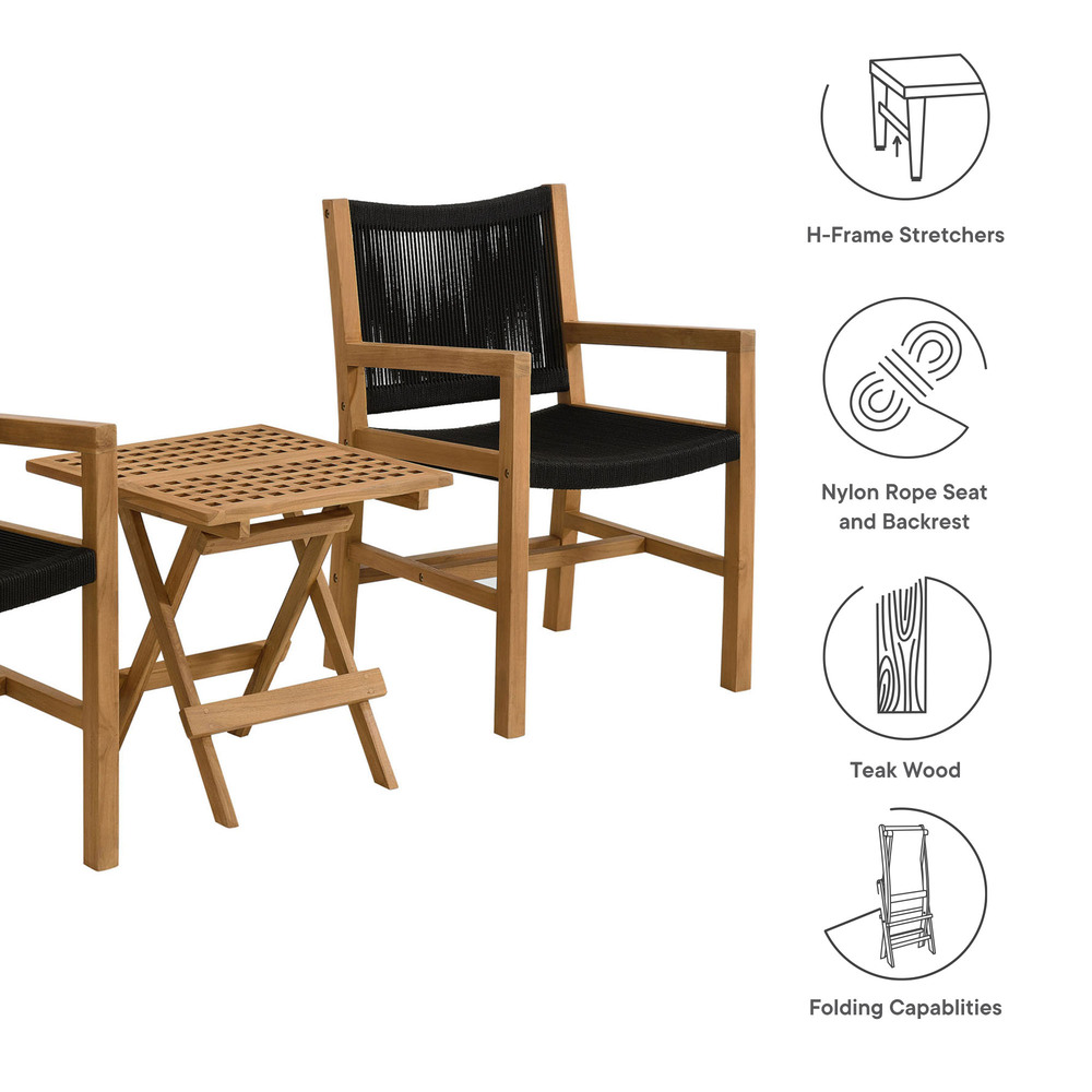 Vienna 3-Piece Outdoor Patio Teak and Rope Armchairs with Folding Side Table in Natural Black by Modway - Image 4