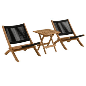 Vienna 3-Piece Outdoor Patio Teak and Rope Folding Lounge Chairs and Side Table in Natural Black by Modway