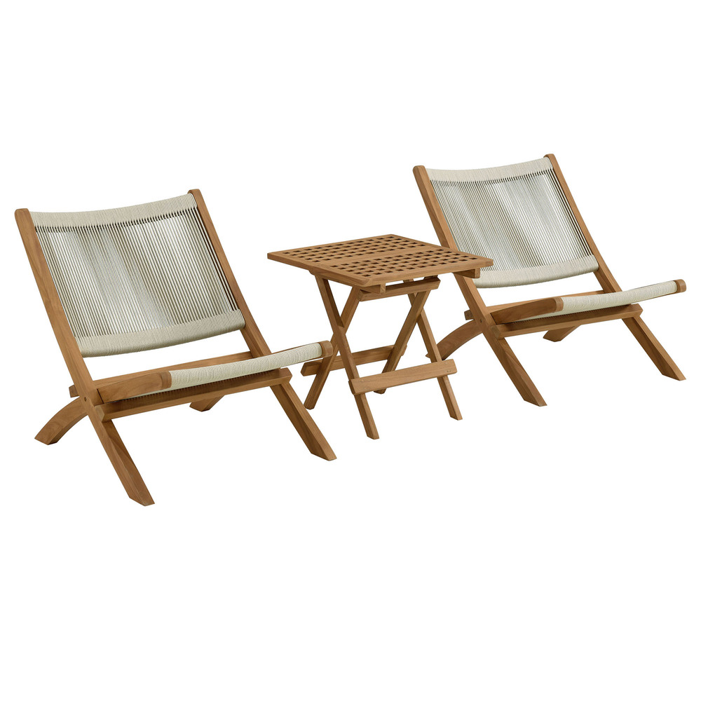 Vienna 3-Piece Outdoor Patio Teak and Rope Folding Lounge Chairs and Side Table in Natural Natural by Modway