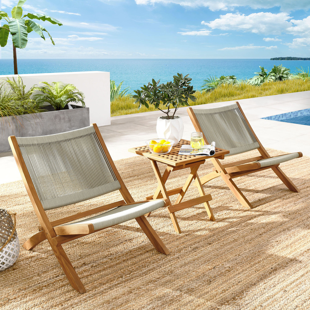Vienna 3-Piece Outdoor Patio Teak and Rope Folding Lounge Chairs and Side Table in Natural Natural by Modway - Image 11