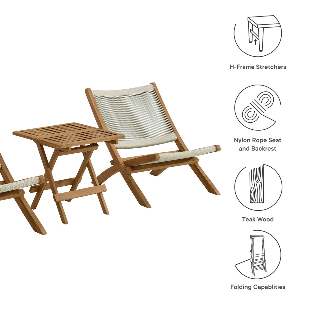 Vienna 3-Piece Outdoor Patio Teak and Rope Folding Lounge Chairs and Side Table in Natural Natural by Modway - Image 4