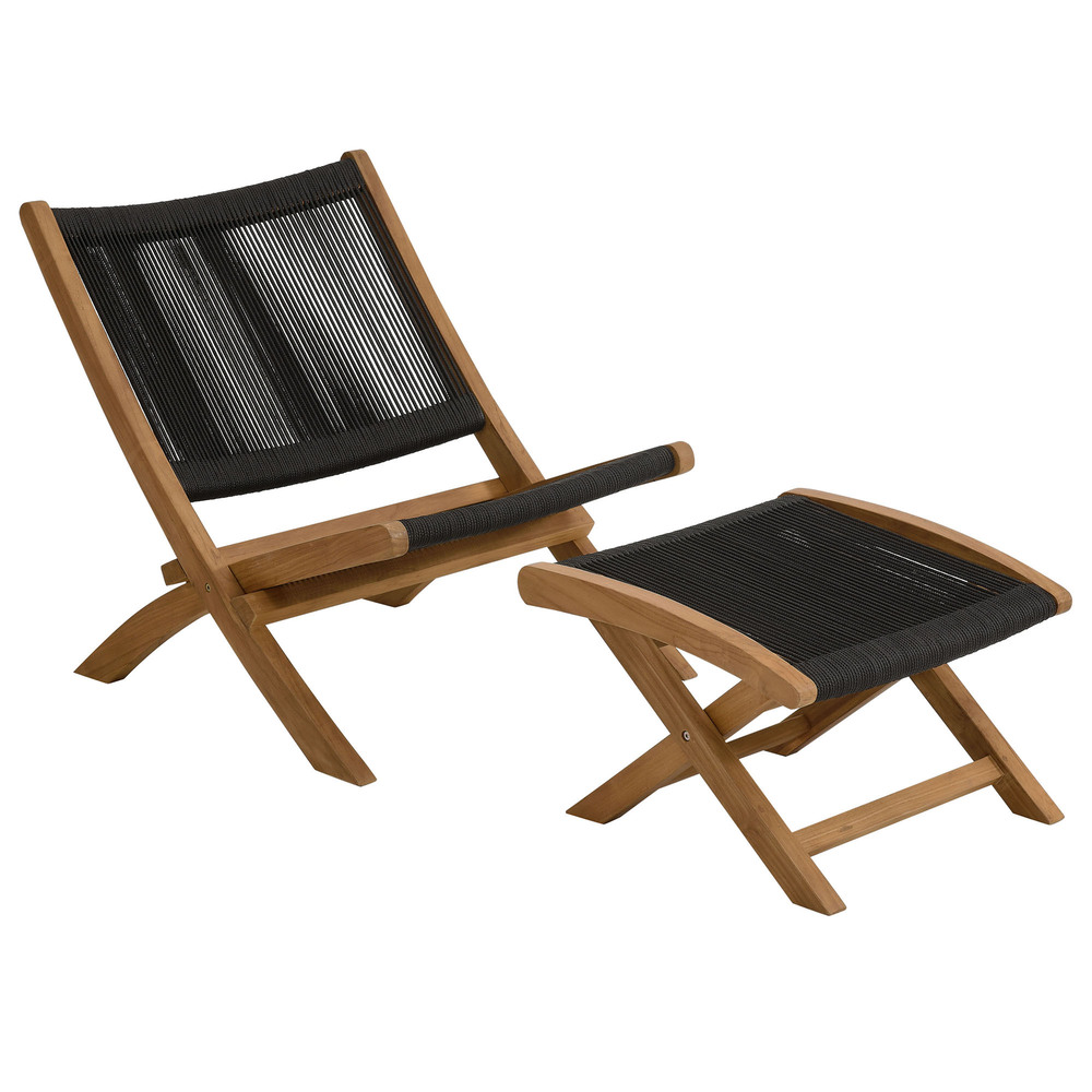 Vienna 2-Piece Outdoor Patio Teak and Rope Folding Accent Lounge Chair and Ottoman Set in Natural Black by Modway