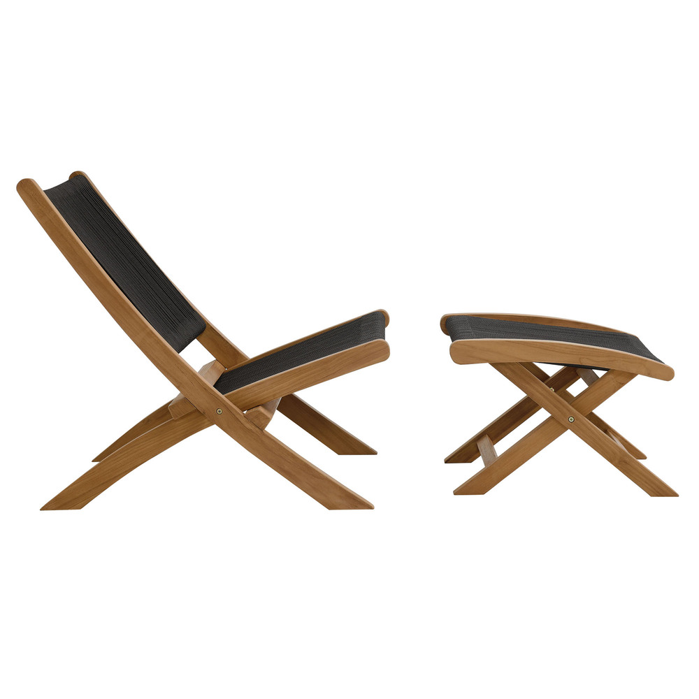 Vienna 2-Piece Outdoor Patio Teak and Rope Folding Accent Lounge Chair and Ottoman Set in Natural Black by Modway - Image 7