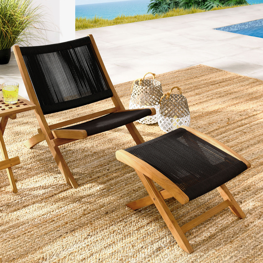 Vienna 2-Piece Outdoor Patio Teak and Rope Folding Accent Lounge Chair and Ottoman Set in Natural Black by Modway - Image 12