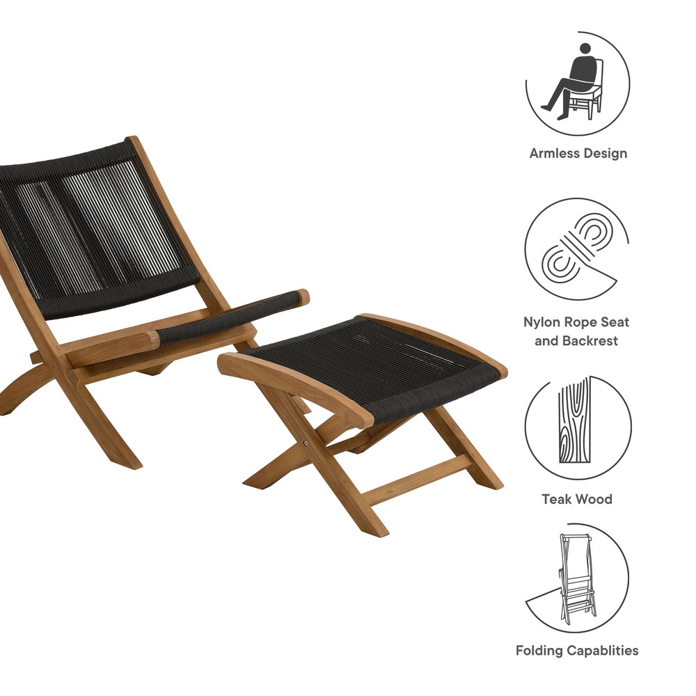 Vienna 2-Piece Outdoor Patio Teak and Rope Folding Accent Lounge Chair and Ottoman Set in Natural Black by Modway - Image 4